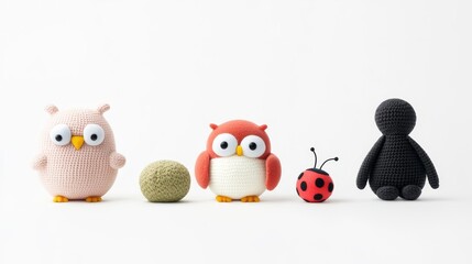 Obraz premium Cute and Colorful Handmade Crochet Owl Toys and Ladybug Figurine on a Bright White Background for Creative and Whimsical Decoration Projects