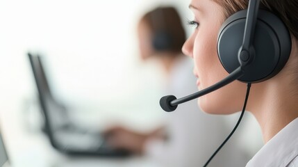 Call center agent engaged in customer support while wearing a headset in a professional environment