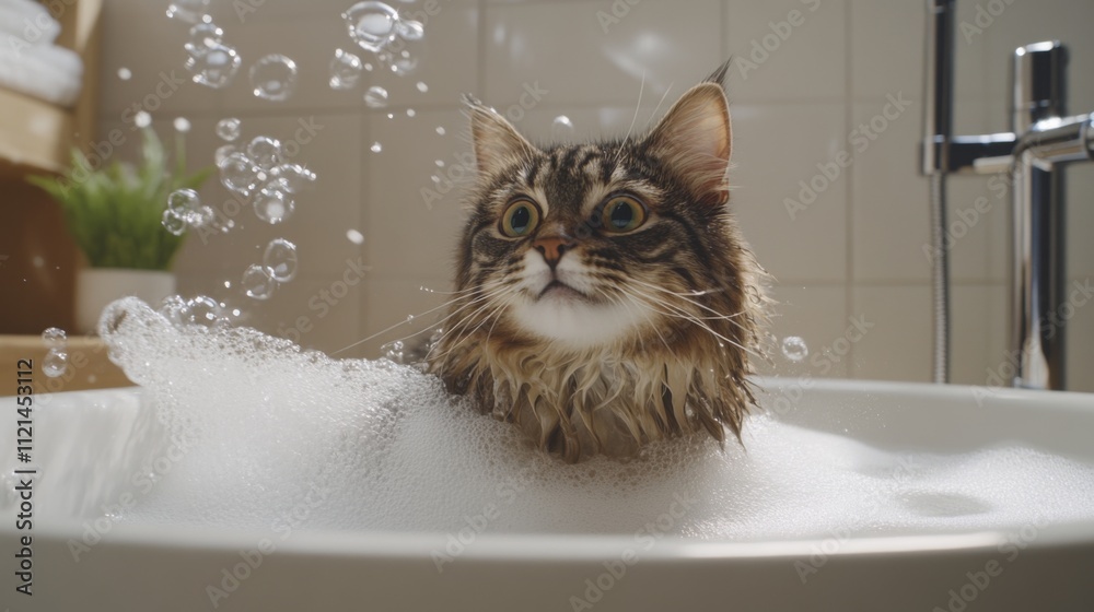 Poster adorable cat taking a bath surrounded by bubbles and foam