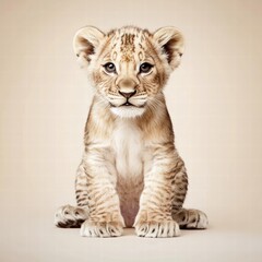 Obraz premium Adorable young lion cub with piercing eyes, soft fur and unique expression