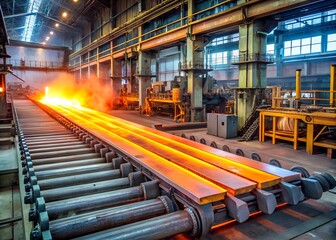 Rolled metal factory. Hot iron slab moving on conveyor of metal rolling mill