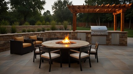 Outdoor fire pit with seating area and grill.