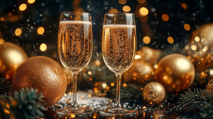 Two champagne glasses sparkling amidst golden festive decorations and lights.