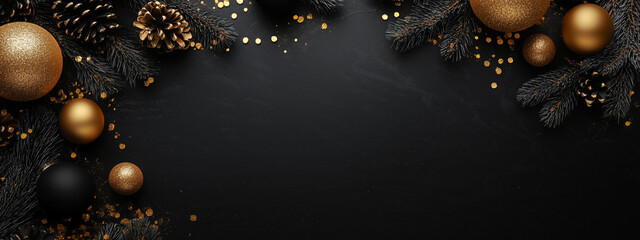 Elegant holiday arrangement with gold ornaments on a dark background.