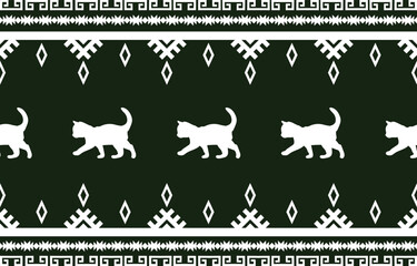 Cat pattern. Seamless. White stripes, colorful background. Ethnicity. Floral patterns, printed fabrics, pants, Lanna.	