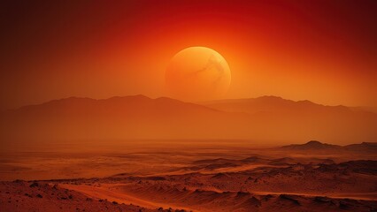 A breathtaking view of an alien landscape under a stunning orange sky, showcasing multiple planets and a distant horizon, evoking feelings of exploration and wonder
