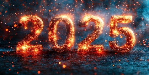 Happy New Year 2025 Celebration Number with Flames and Sparks