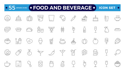 Food and Beverage outline icon set. Containing fork, spoon, knife, plate, cloche, tray, chef hat, beverage, food, dining table, and waiter.  Editable stroke outline icon.