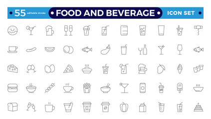 Food and Beverage outline icon set. Containing fork, spoon, knife, plate, cloche, tray, chef hat, beverage, food, dining table, and waiter.  Editable stroke outline icon.