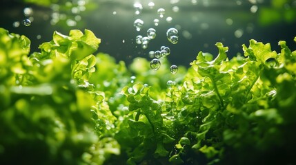 Fresh green lettuce leaves with water droplets and sunbeams.