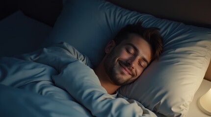 Fototapeta premium Smiling Person Sleeping Peacefully on Soft Bedding at Night