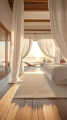 夕日と白いカーテンが揺れるビーチフロントのリラックスしたベッドルーム | Relaxing Beachfront Bedroom with Flowing White Curtains and Sunset View