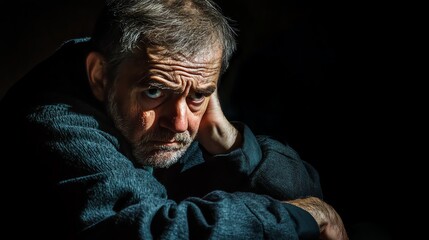 Obraz premium A man with a beard sits in a dark room, looking intense.