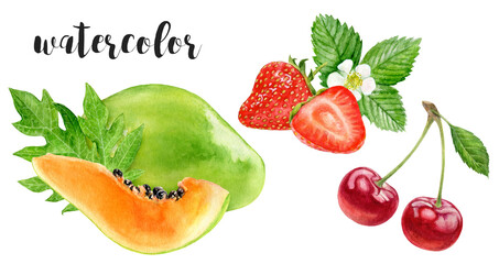 Hand-Painted Watercolor Papaya, Cherry, and Strawberry Botanical Illustration Isolated on White