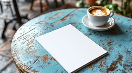 Blank brochure mockup on a rustic blue table next to a cup of latte. Perfect for showcasing your designs.