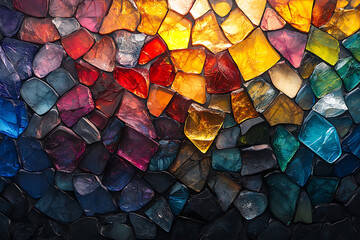 A vibrant close-up view of shattered glass pieces in various colors, creating a dynamic and abstract pattern with sharp details.
