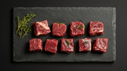 Fresh Raw Cubes of Beef on Slate Board with Herbs for Cooking