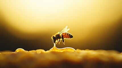 Close-up of a bee collecting honey from honeycomb during golden hour