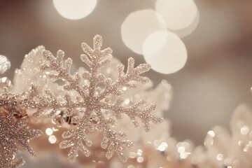 A shimmering, intricate snowflake ornament captures soft golden light, evoking a festive and elegant winter atmosphere.