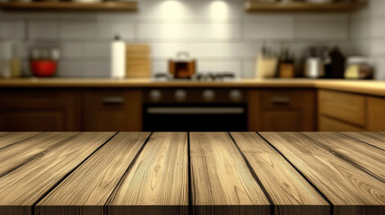 Empty Wooden Tabletop with Blurred Modern Kitchen Background