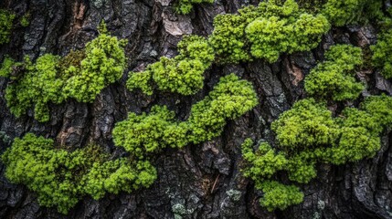 Vibrant Green Moss on Dark Tree Bark: A Close-Up Nature Photography