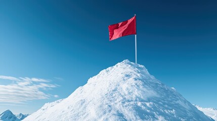Red flag stands proudly on snowy mountain peak under clear blue sky during daylight
