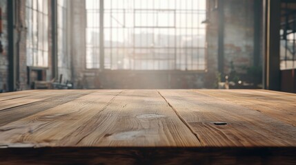 Empty wooden surface with a hazy view of an industrial factory, ideal for showcasing products or tools