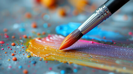Fototapeta premium A close-up view of a paintbrush tip drawing a colorful digital sketch, with a flat beige backdrop