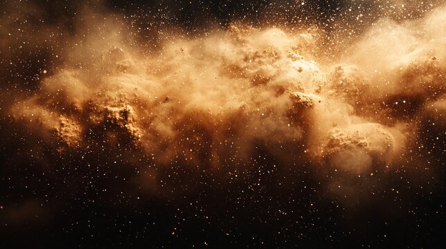Swirling clouds of mocha mousse brown dust drift gracefully in a cosmic expanse, revealing sparkling particles that glimmer like stars in the night