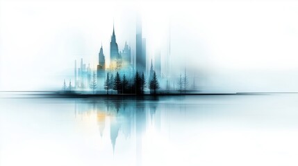 Fototapeta premium Winter cityscape with pine trees reflecting in still water. Misty urban landscape with skyscrapers in blue tones and soft yellow light