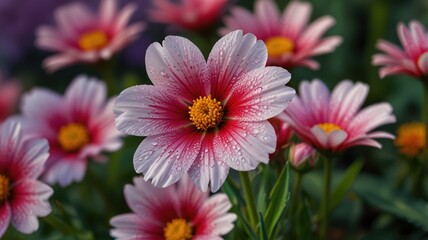 Obraz premium Close-up of pink and white flowers with dew drops.