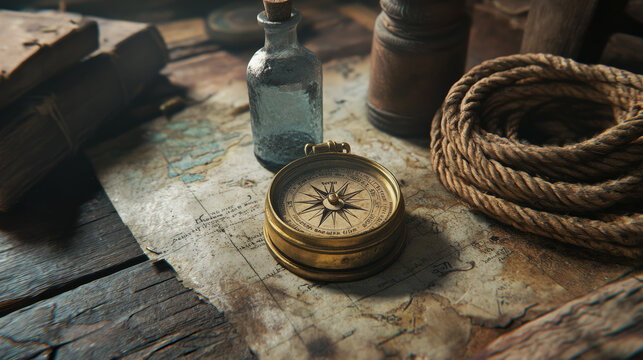 A mysterious antique compass, weathered ropes, a glass bottle with golden sand and a fragile letter, and a faded map detailing the mythical Forgotten Isles, holding cryptic coordinates or a riddle.