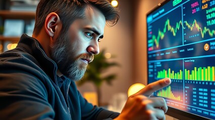 Obraz premium Bearded Businessman Analyzes Financial Dashboard - Cozy Modern Winter Office