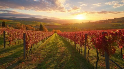 Naklejka premium Autumnal Vineyard at Sunset: A Breathtaking Tuscan Landscape