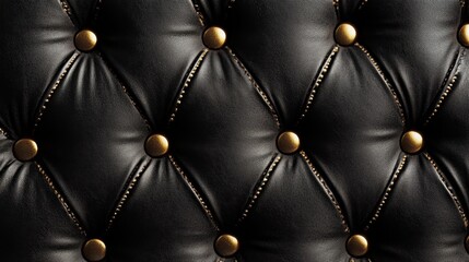 Obraz premium Gold-detailed button tufting on rich black leather upholstery, creating an opulent textured background