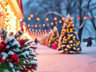 Christmas Snowy Fir Branches Red Berries Border Festive Outdoor Scene