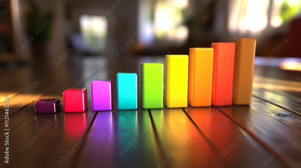 Poster colorful bar graph on wooden table with natural light background