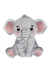 Cute watercolor illustration of a seated elephant with soft pink accents