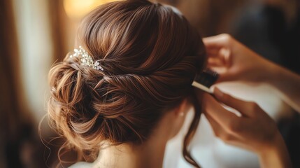Obraz premium A bride's hair is styled into a loose bun with a jeweled pin, a stylist uses a brush to finish the look.