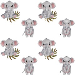 Colorful watercolor elephants enjoying lush foliage in a playful arrangement