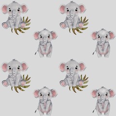 Colorful watercolor elephants surrounded by leaves create a cheerful design for decor