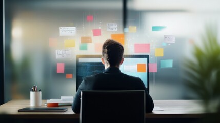 Fototapeta premium Professional Man Working at Desk with Computer Surrounded by Sticky Notes in Modern Office Setting, Focusing on Coding and Project Management Tasks for Success