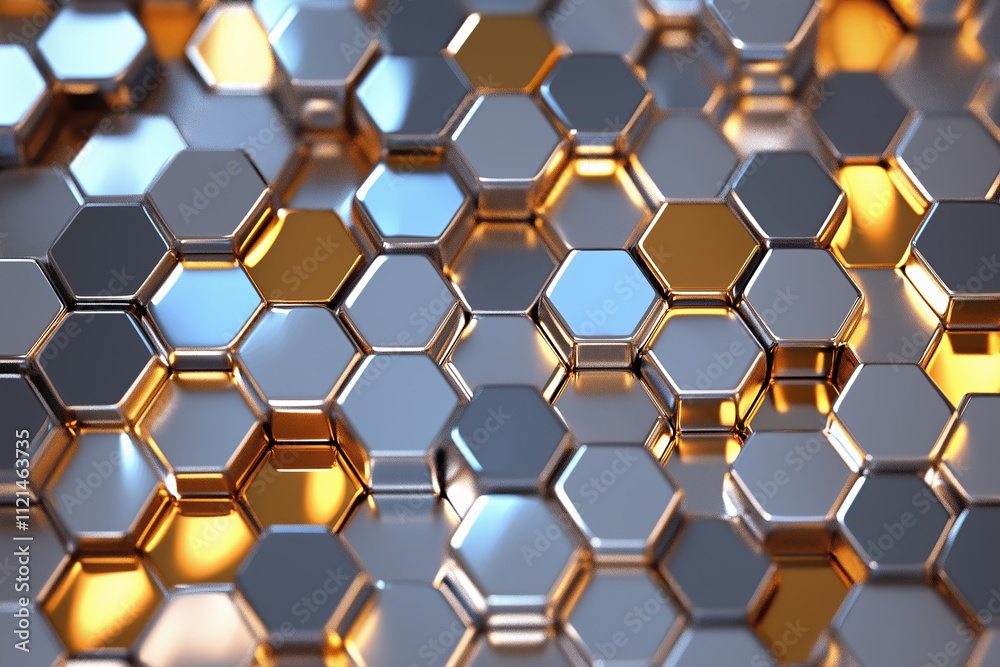 Poster A repeating hexagonal pattern with gradient shades of silver and gold