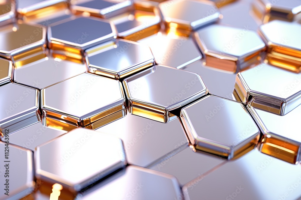 Poster A repeating hexagonal pattern with gradient shades of silver and gold
