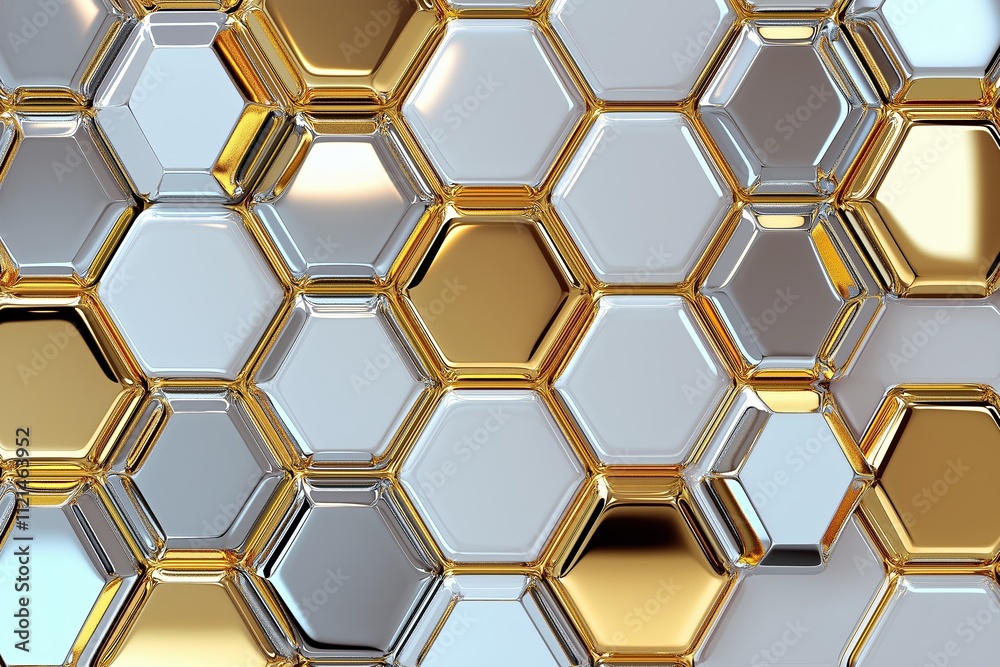 Poster A repeating hexagonal pattern with gradient shades of silver and gold