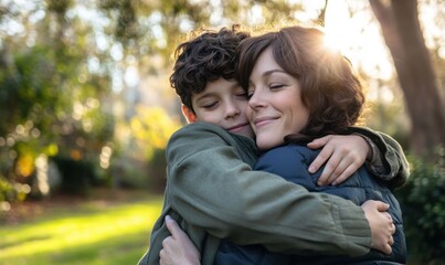 Fototapeta premium Mother and son share a heartwarming moment among the stunning cherry spring blossoms in full bloom at sunset for mother's day
