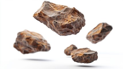 Realistic floating meteorite stones with rugged textures and natural patterns on a bright white background