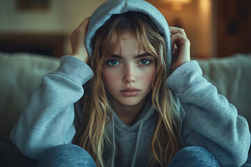 A stubborn teenage girl pulls her hood over her head, avoiding her mom’s apology while sitting on a couch at home.
