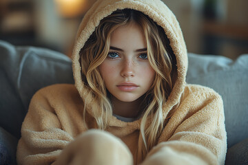A stubborn teenage girl pulls her hood over her head, avoiding her mom’s apology while sitting on a couch at home.
