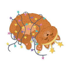 A cute cat got tangled in a garland of lights